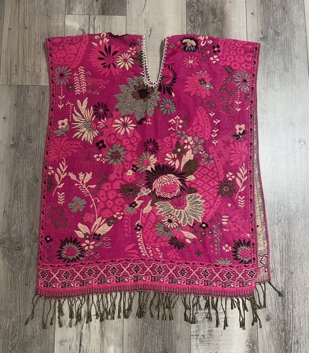 Womens Pink Floral Tapestry Poncho Kaftan Fringe Boho Woven One Size Festival